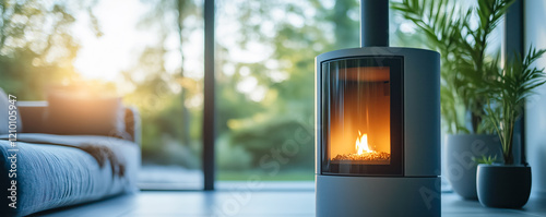 A modern pellet stove with a controlled flame visible through the front glass panel. Concept of ecological heating.