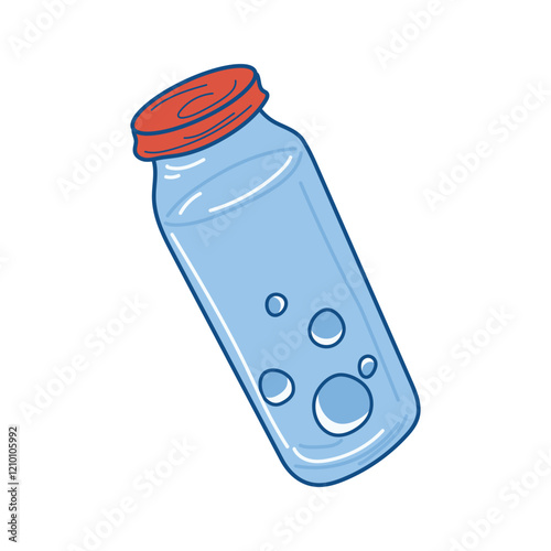 Water in bottle in flat design. Beverage with bubbles in glasses container. Vector illustration isolated.