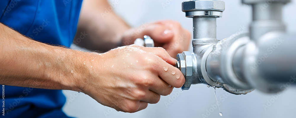 Close-up: A plumber's hands expertly tighten a leaking valve, water droplets clinging to his skin. A focused effort to stop the flow, showcasing meticulous repair work. Close-up: A plumber's hands expertly tighten a leaking valve, water droplets clinging to his skin. A focused effort to stop the flow, showcasing meticulous repair work.