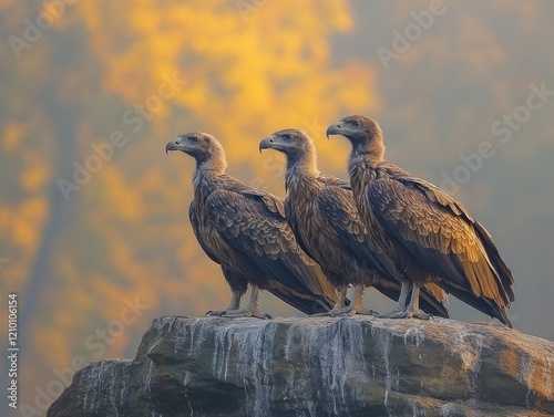 Three majestic vultures perched on a rock with a golden background scenery photo