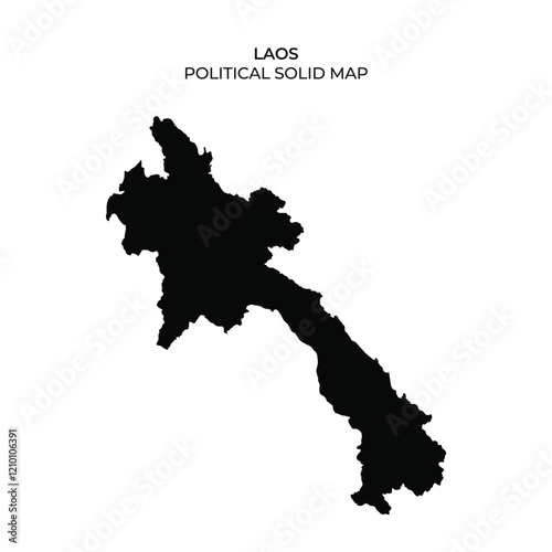 A solid black map of Laos highlights the countrys geographic shape and political boundaries. This minimalist design emphasizes the national outline without additional details.