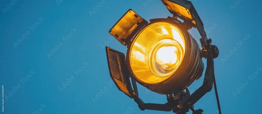 Outdoor spotlight illuminates blue sky; film production Outdoor spotlight illuminates blue sky; film production