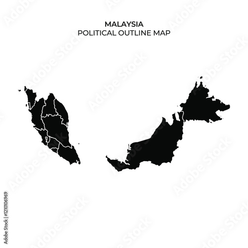 Detailed portrayal of Malaysias political outline, highlighting the states and regions of both Peninsular Malaysia and East Malaysia in a minimalist black design.