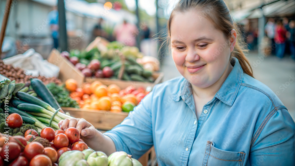 Smiling woman with Down syndrome at a farmers market Smiling woman with Down syndrome at a farmers market