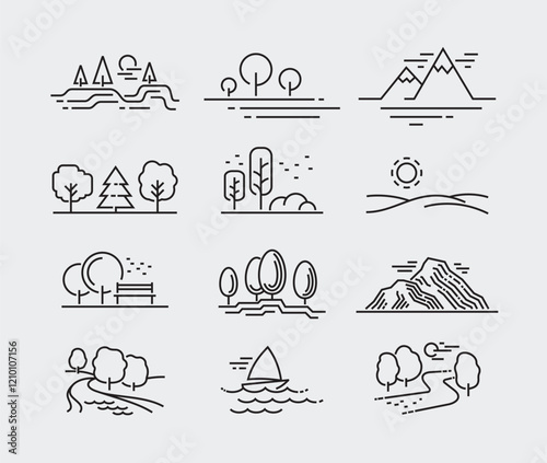 Nature Landscape Vector Line Icons 