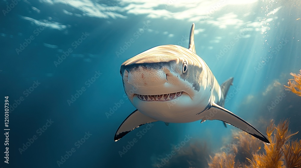 Naklejka premium Ocean reef shark underwater sunbeam swim