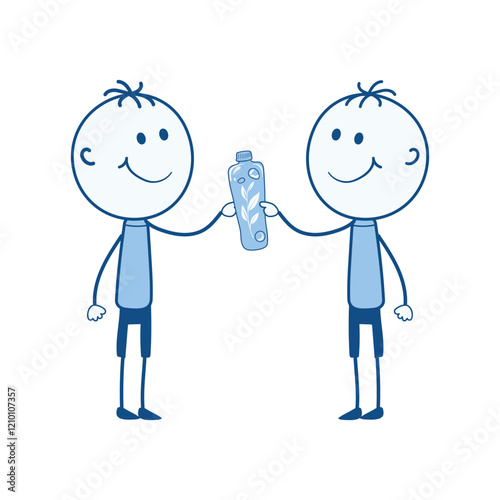 Friends sharing water bottle in flat design. Character giving beverage. Vector illustration isolated.