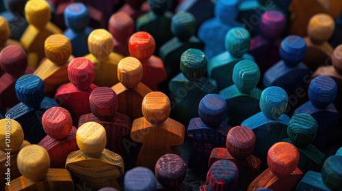 Diversity, inclusion, colorful wooden shapes of men and women on a black background, unity through vibrant, bold contrasts and simplicity