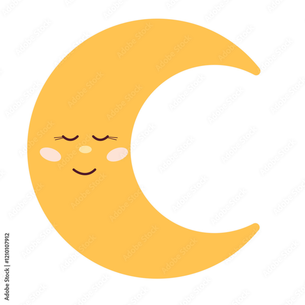 Funny Cute Kawaii Moon Cartoon Character with Smiling Face. Simple Childish Yellow Positive Luna Icon Silhouette Element. Romantic Baby Shower Day Greeting Element or Nursery Decoration Symbol