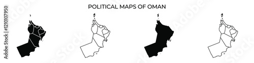 Political maps illustrate the different administrative regions and boundaries of Oman. Each map highlights various geographical areas in distinct patterns.