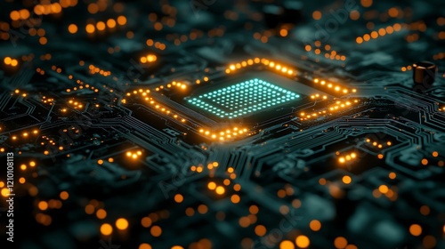 Digital Pulse: A glowing teal-green microprocessor at the heart of a intricate circuit board,  a mesmerizing close-up of technology in action.  