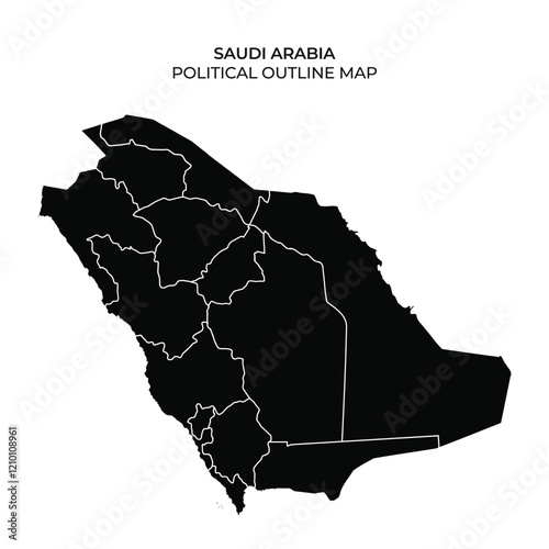 A detailed outline map of Saudi Arabia highlighting its political regions. The map presents the countrys shape and boundaries without additional markings or colors, emphasizing the divisions.