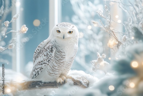 A snowy owl perched on a branch in a carefully recreated Arctic habitat, with snow-covered rocks below