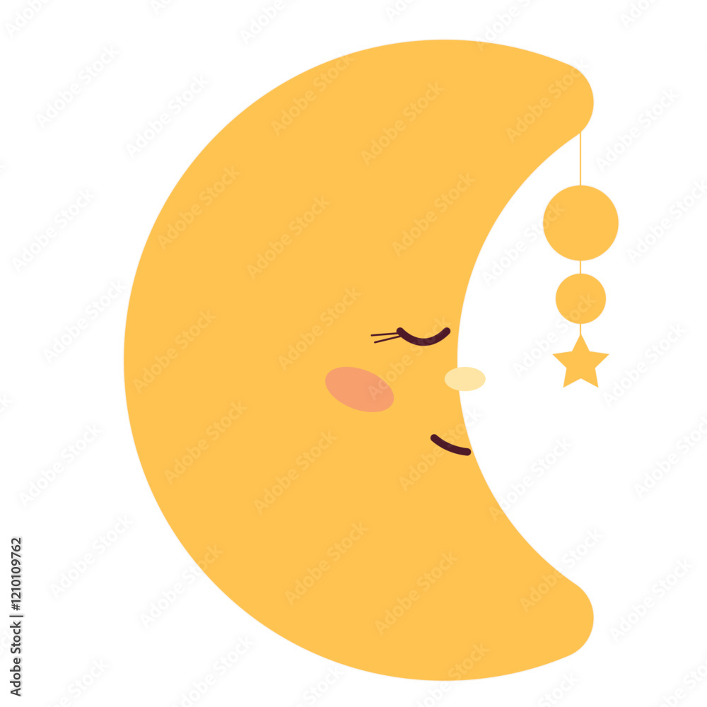Obraz premium Funny Cute Kawaii Moon Cartoon Character with Smiling Face. Simple Childish Yellow Positive Luna Icon Silhouette Element. Romantic Baby Shower Day Greeting Element or Nursery Decoration Symbol