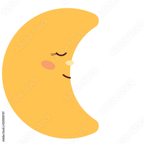 Funny Cute Kawaii Moon Cartoon Character with Smiling Face. Simple Childish Yellow Positive Luna Icon Silhouette Element. Romantic Baby Shower Day Greeting Element or Nursery Decoration Symbol