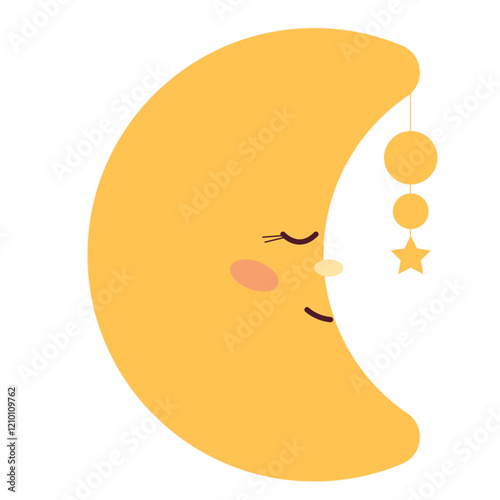 Funny Cute Kawaii Moon Cartoon Character with Smiling Face. Simple Childish Yellow Positive Luna Icon Silhouette Element. Romantic Baby Shower Day Greeting Element or Nursery Decoration Symbol