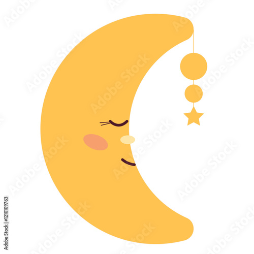 Funny Cute Kawaii Moon Cartoon Character with Smiling Face. Simple Childish Yellow Positive Luna Icon Silhouette Element. Romantic Baby Shower Day Greeting Element or Nursery Decoration Symbol