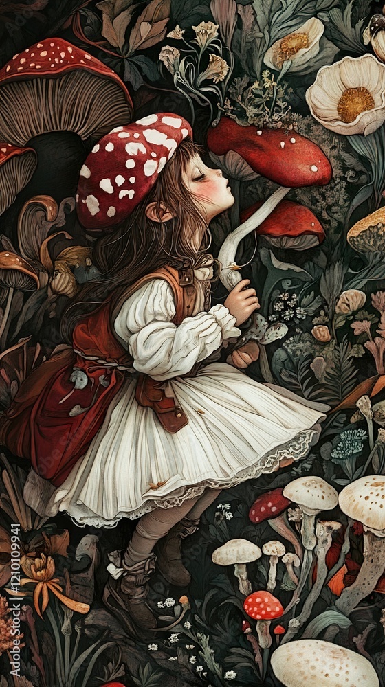 Whimsical Girl in Enchanted Forest with Mushrooms and Flowers Whimsical Girl in Enchanted Forest with Mushrooms and Flowers