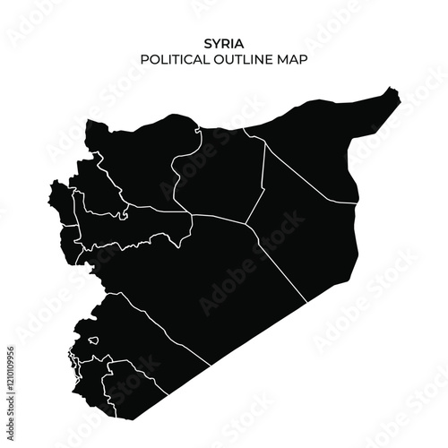 A detailed outline map of Syria displaying its political boundaries and regions. The map is entirely in black, providing a clear view of the countrys divisions.