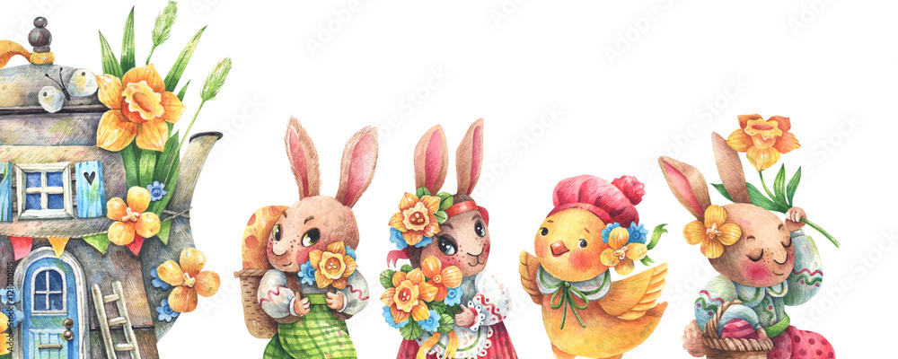 Easter Illustration Card with Cute Characters and Spring Flowers Easter Illustration Card with Cute Characters and Spring Flowers