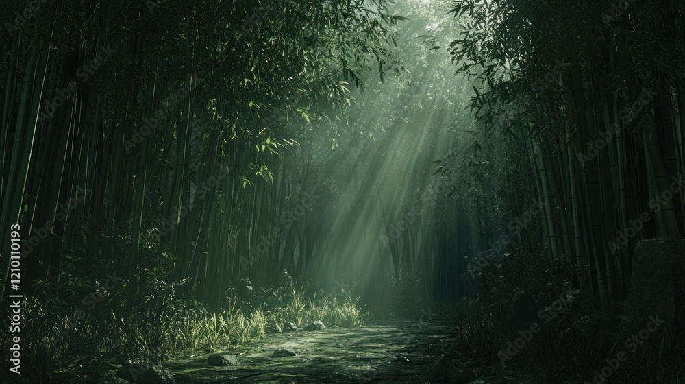 Obraz premium Sunbeams Through Bamboo Forest