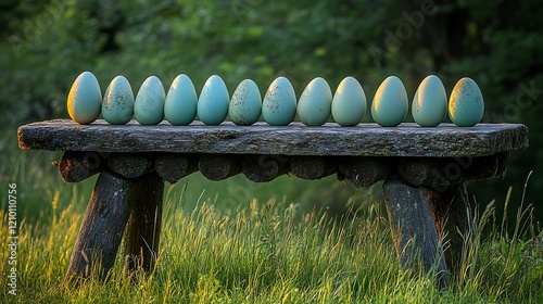 A close-up of soft pastel-colored eggs arranged neatly on a rustic wooden table, set against a blurred background of green grass. photo