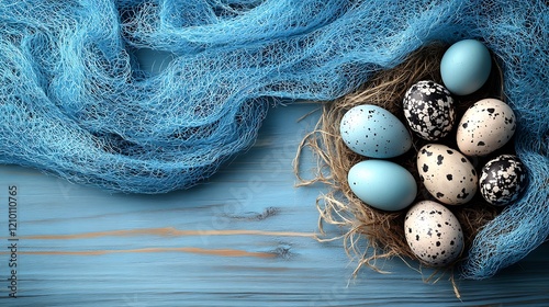 A close-up of a rustic wooden table with a soft pastel-colored tablecloth and scattered chocolate eggs, perfect for an Easter atmosphere. photo