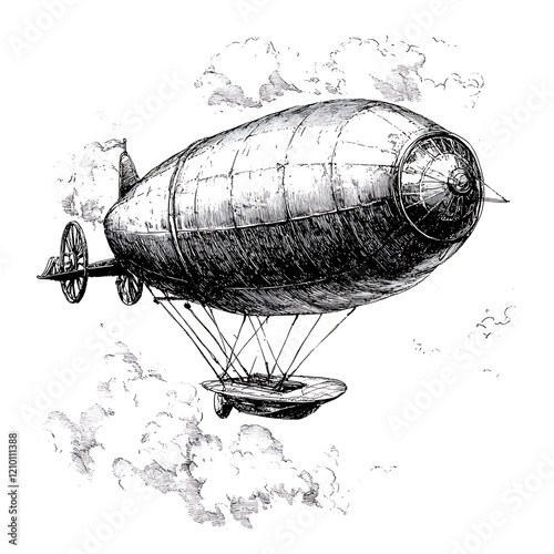 Vintage hand-drawn sketch of a dirigible airship in flight amongst clouds.