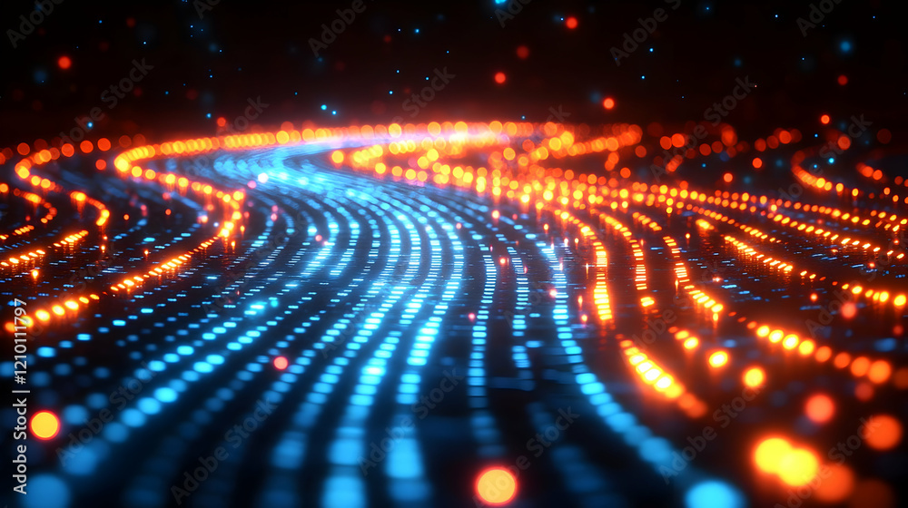 Obraz premium Abstract Glowing Wave Background with Dynamic Blue and Orange Particles