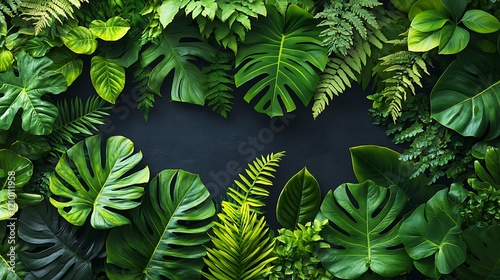 Lush Tropical Foliage: A vibrant collection of tropical leaves, including monstera deliciosa, ferns, and other lush greenery, creates a rich, textured frame against a deep teal background.