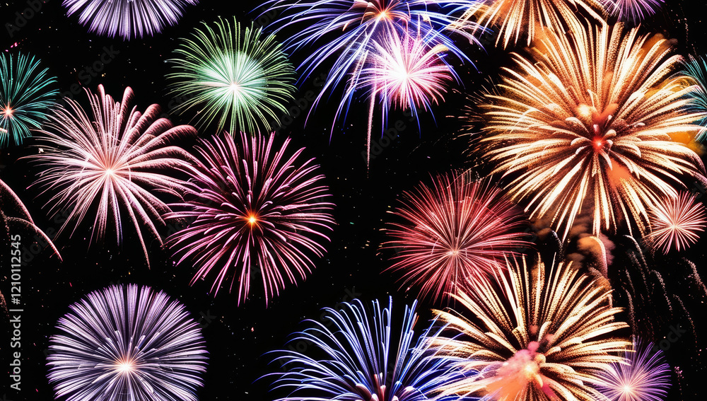 Fototapeta premium Colorful Texture Fireworks Display Filling the Night Sky - Tile pattern no city only sky