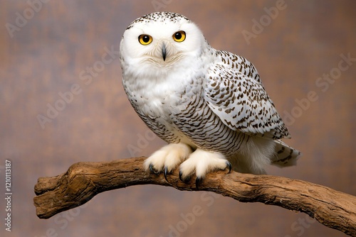 Snowy owl perched on a branch with white feathers and yellow eyes against a brown background photo