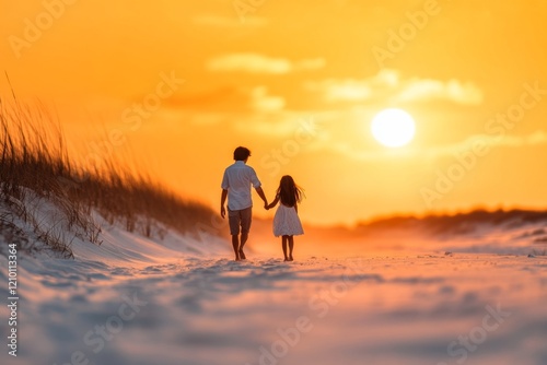 A couple walking hand-in-hand on a sandy beach at sunset, one of them looking lovingly at 