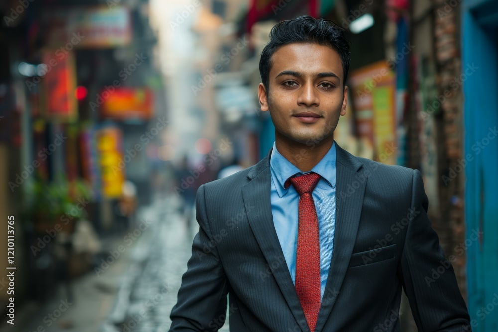 Portrait of a young businessman walking in the tourist district of thamel, kathmandu, nepal Portrait of a young businessman walking in the tourist district of thamel, kathmandu, nepal