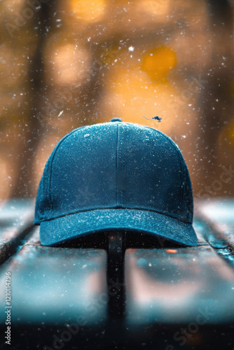 A baseball cap spinning on its peak, cheering for its team photo