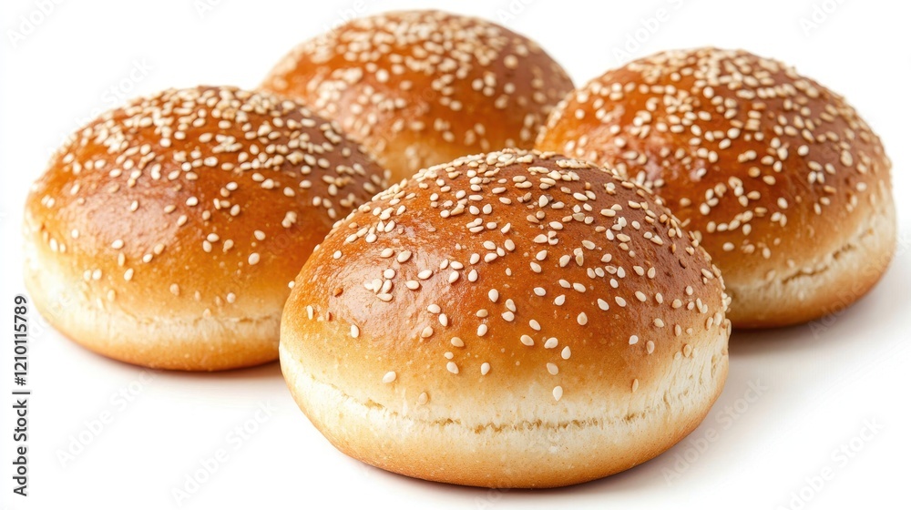 Freshly baked sesame seed buns arranged together on a white background showcasing their golden brown crust and soft texture. Freshly baked sesame seed buns arranged together on a white background showcasing their golden brown crust and soft texture.
