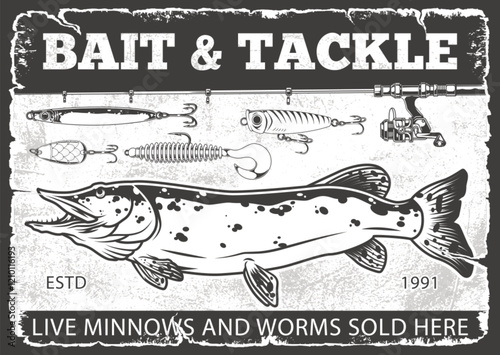 Bait and tackle shop sign featuring fish and lures