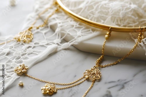 Elegant Gold Necklace with Delicate Flower Charms and White Lace on Marble