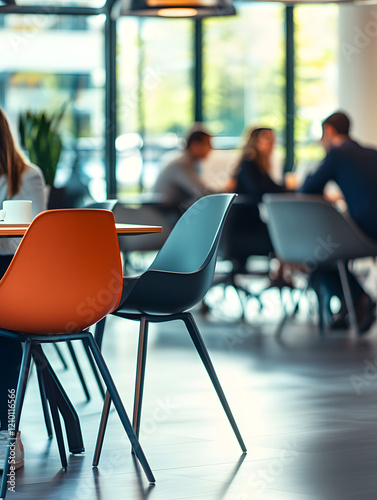 Business open modern office daytime daylight with blurred people in smart casual wear having a meeting. Working culture chill happy enjoy workplace work life balance plant green interior sustainable