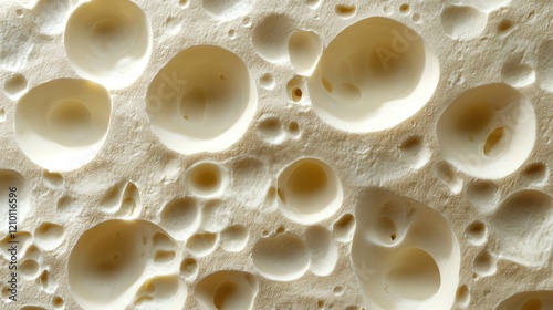 Creamy Swiss Cheese Surface Texture with Characteristic Holes and Pockets, Neutral Beige Background Ideal for Culinary or Dairy Themes photo