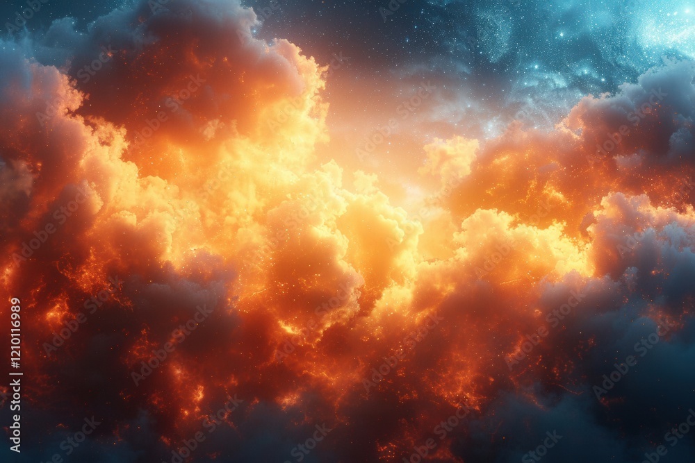 Fototapeta premium A dramatic sky filled with vibrant orange and blue clouds, creating a striking contrast reminiscent of a sunset or an explosion.