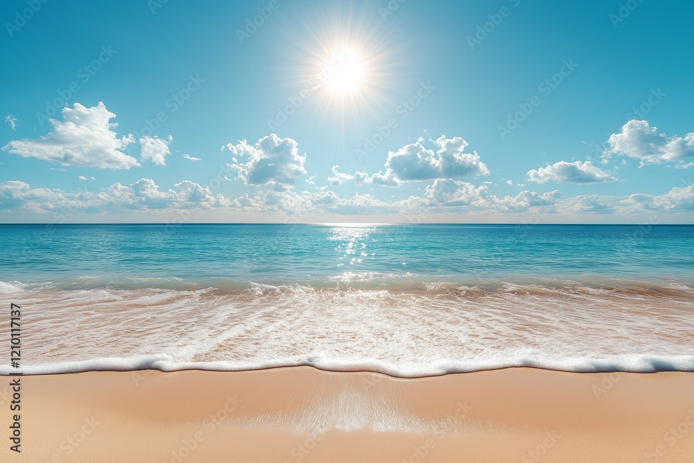 A serene beach scene with gentle waves lapping the sandy shore under a bright sun and scattered clouds in a clear blue sky. A serene beach scene with gentle waves lapping the sandy shore under a bright sun and scattered clouds in a clear blue sky.