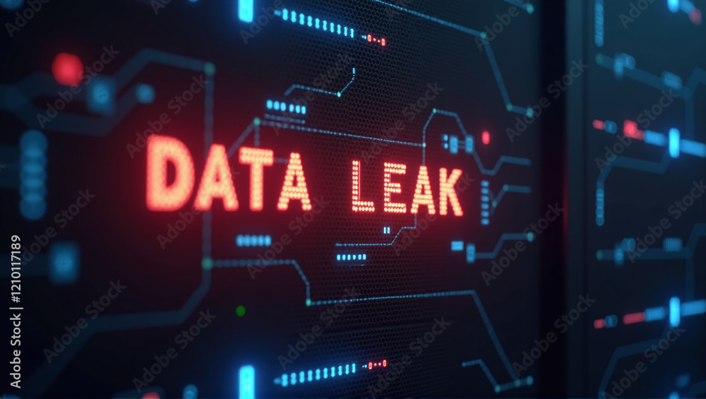Digital server glows ominously, network exposed - DATA LEAK visualizes cybersecurity breach, revealing vulnerable interconnected systems under silent digital threat