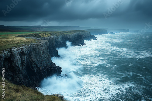 Dramatic coastal cliffs with waves crashing against them under a stormy sky.