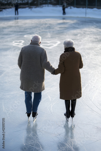 An elderly couple ice skating together, leaving trails of hearts on the ice photo