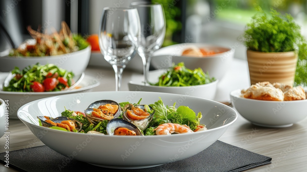 Elegant Table Setting with White Dishes Featuring Fresh Salad and Seafood Platter Under Natural Light with Greenery Accents Elegant Table Setting with White Dishes Featuring Fresh Salad and Seafood Platter Under Natural Light with Greenery Accents