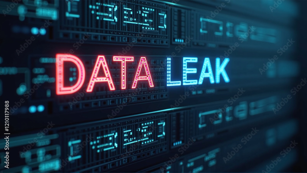 Digital server glows ominously, network exposed - DATA LEAK visualizes cybersecurity breach, revealing vulnerable interconnected systems under silent digital threat Digital server glows ominously, network exposed - DATA LEAK visualizes cybersecurity breach, revealing vulnerable interconnected systems under silent digital threat