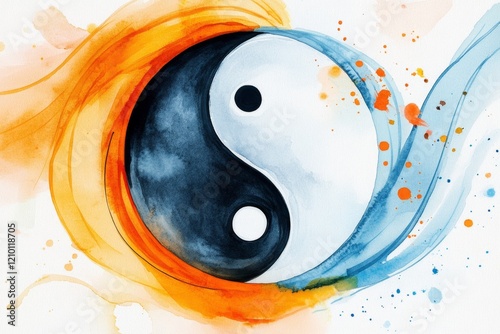A dreamy watercolor representation of a yin yang design surrounded by abstract swirls of pastel colors, evoking balance and harmony