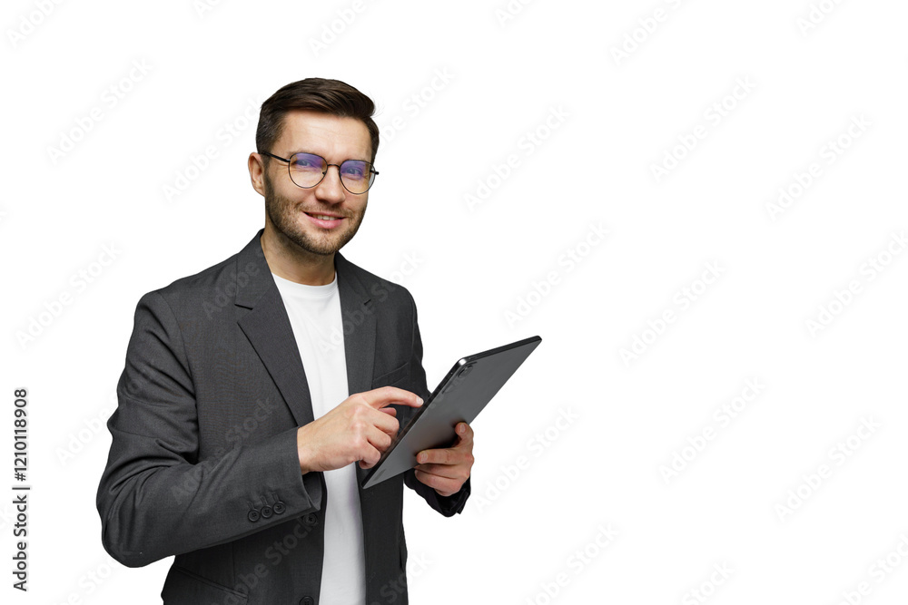 Professional man using a tablet and smiling in a modern office setting Professional man using a tablet and smiling in a modern office setting