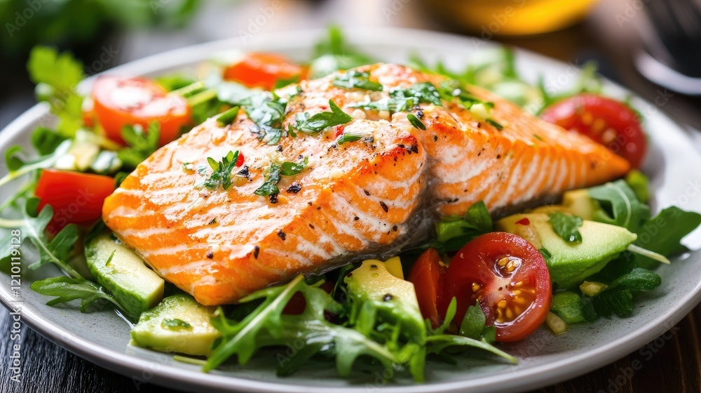 Salmon fillet served on a bed of fresh avocado salad with cherry tomatoes and herbs elegantly presented on a plate Salmon fillet served on a bed of fresh avocado salad with cherry tomatoes and herbs elegantly presented on a plate